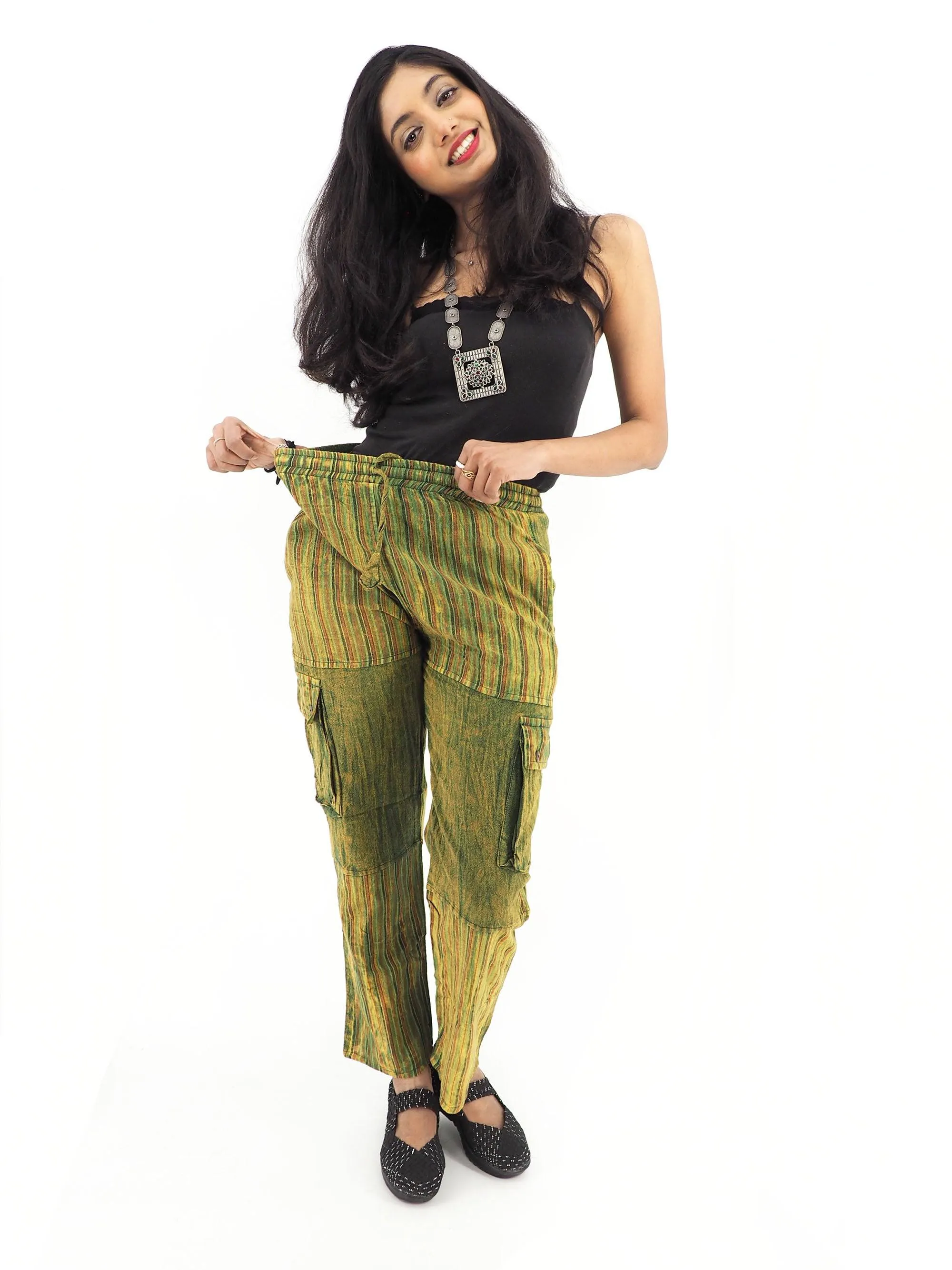 Unisex Handmade Casual Boho Cotton Solid And Stripe Green Color Pants Size S-M-L-XL