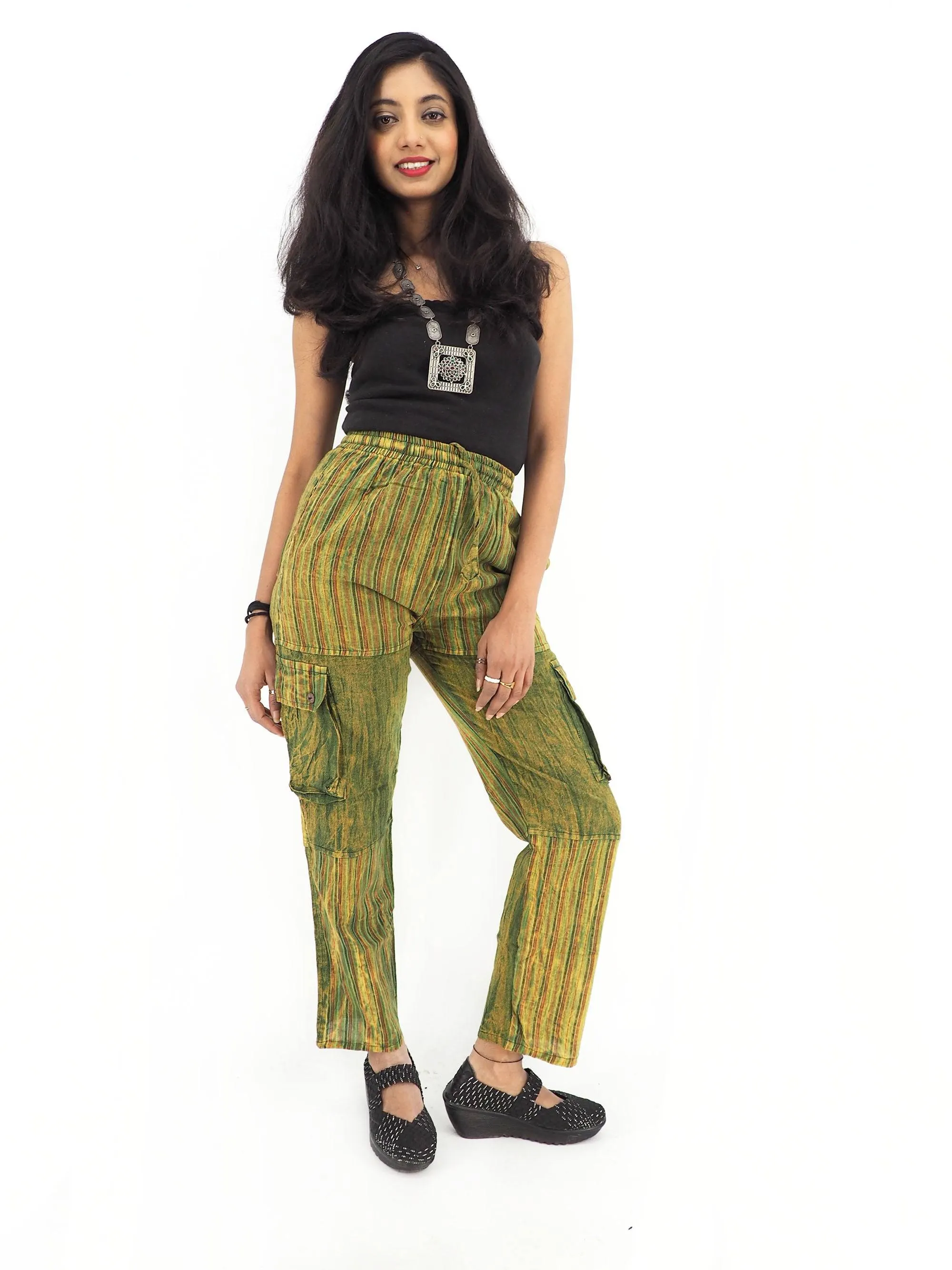 Unisex Handmade Casual Boho Cotton Solid And Stripe Green Color Pants Size S-M-L-XL