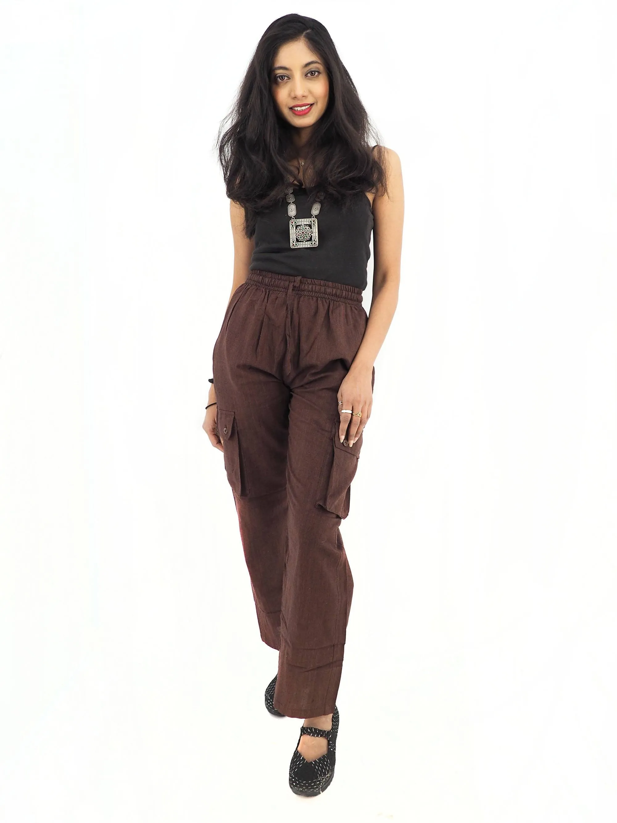 Unisex Handmade Casual Boho Cotton Solid Color Brown Pants Size S-M-L-XL