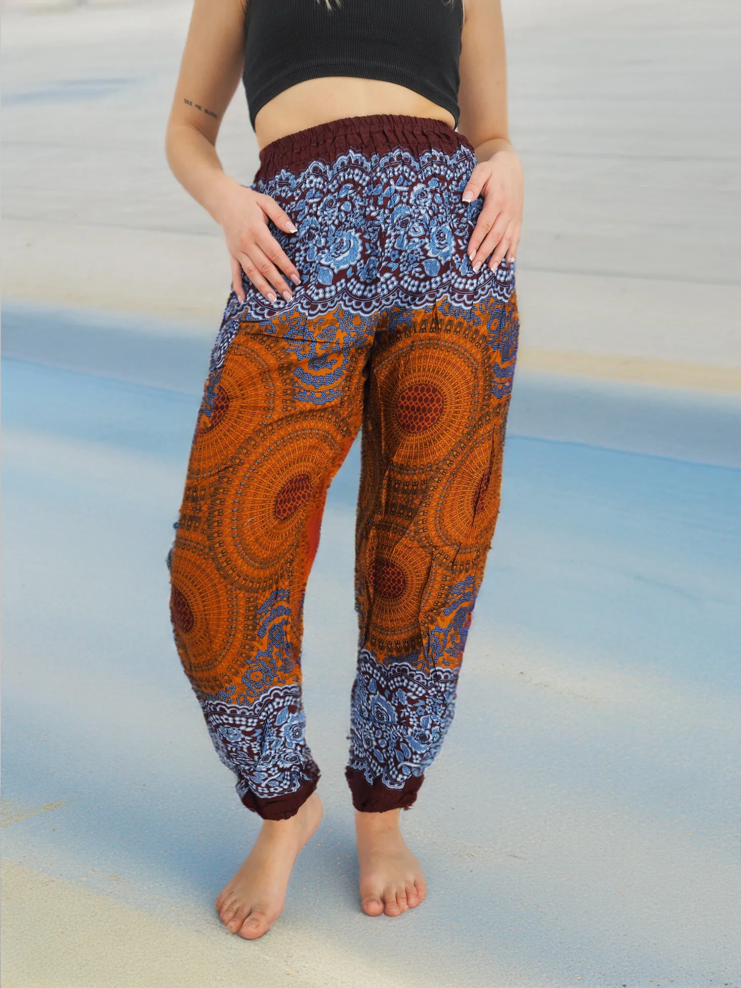 Unisex Harem Yoga Hippie Boho Pants in Copper And Blue With Mandala Print M-L-XL