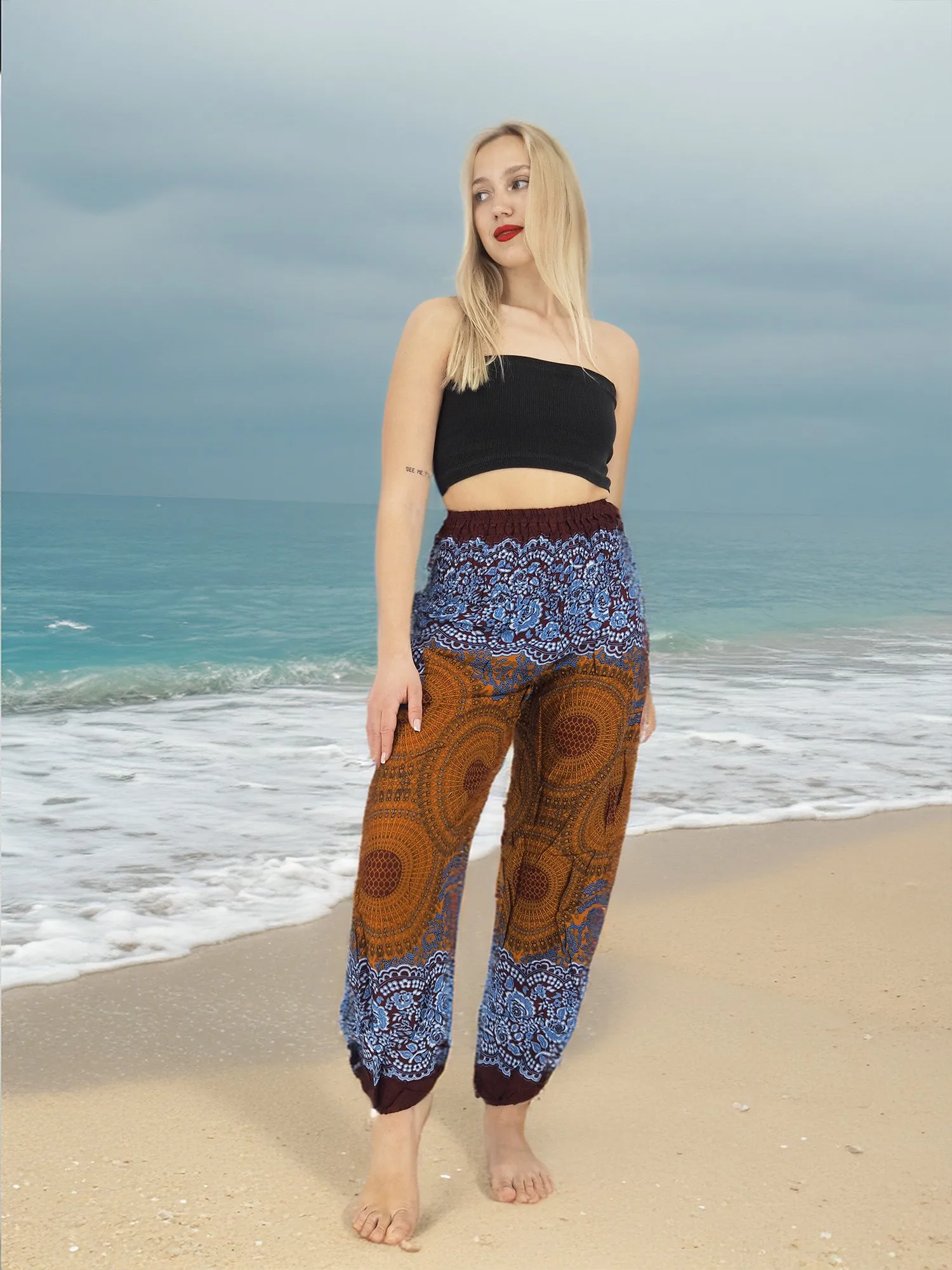 Unisex Harem Yoga Hippie Boho Pants in Copper And Blue With Mandala Print M-L-XL