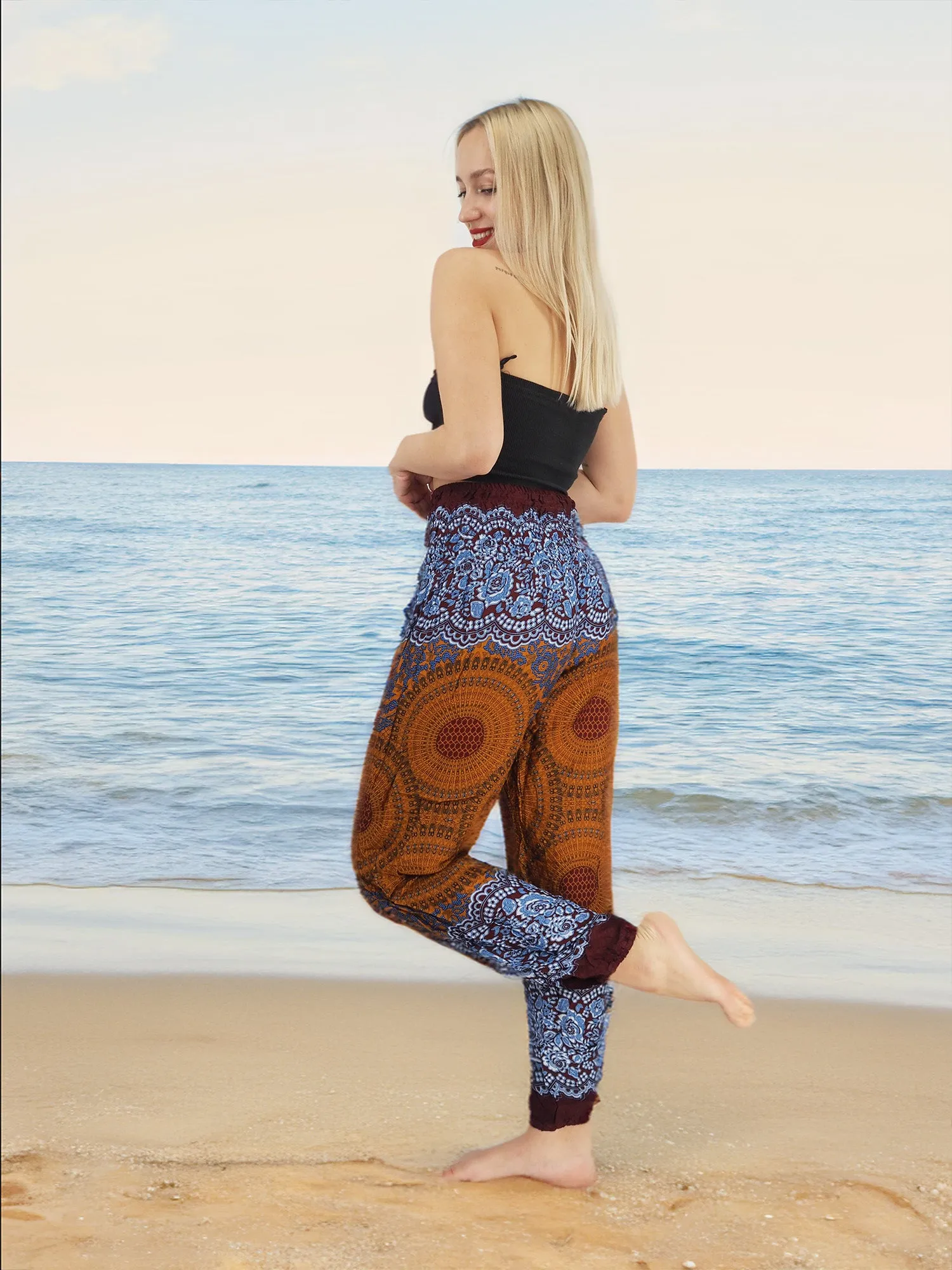 Unisex Harem Yoga Hippie Boho Pants in Copper And Blue With Mandala Print M-L-XL