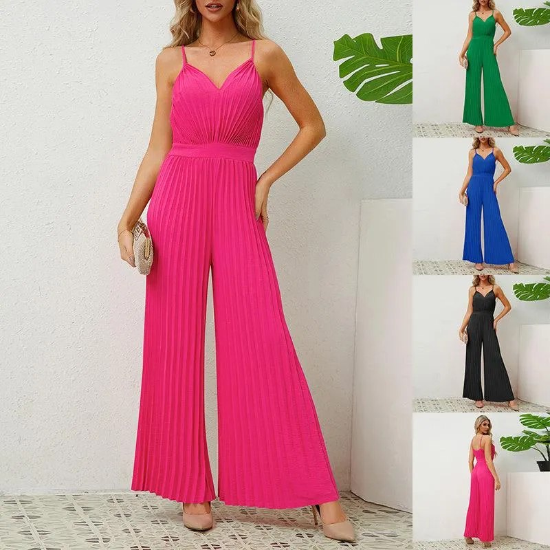 V-neck Suspender Pleated Jumpsuit Solid Color Loose Straight Pants