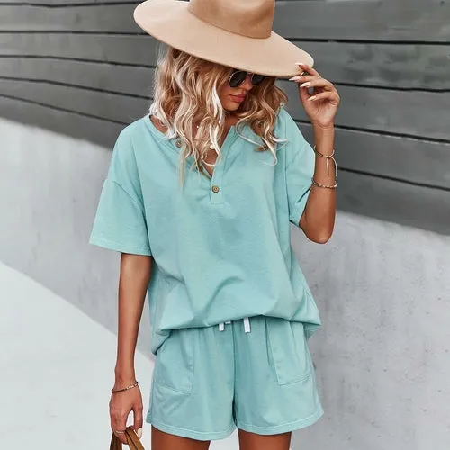 Women Casual Short Sleeve Tops Shorts Set