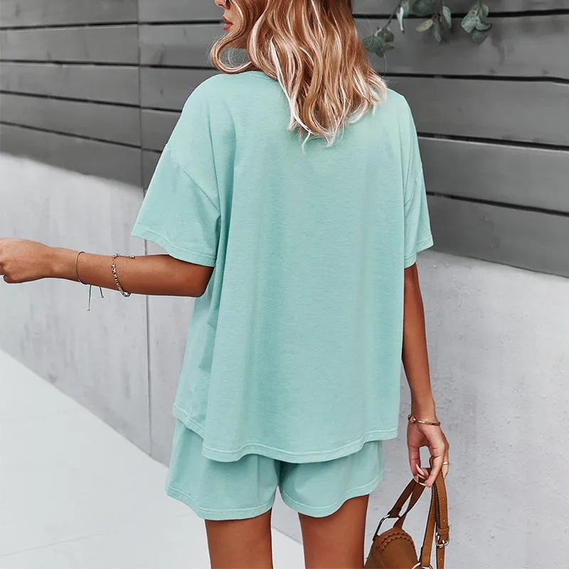 Women Casual Short Sleeve Tops Shorts Set