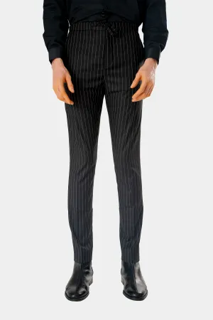 Wool Drawstring Pants in Black Pinstripe